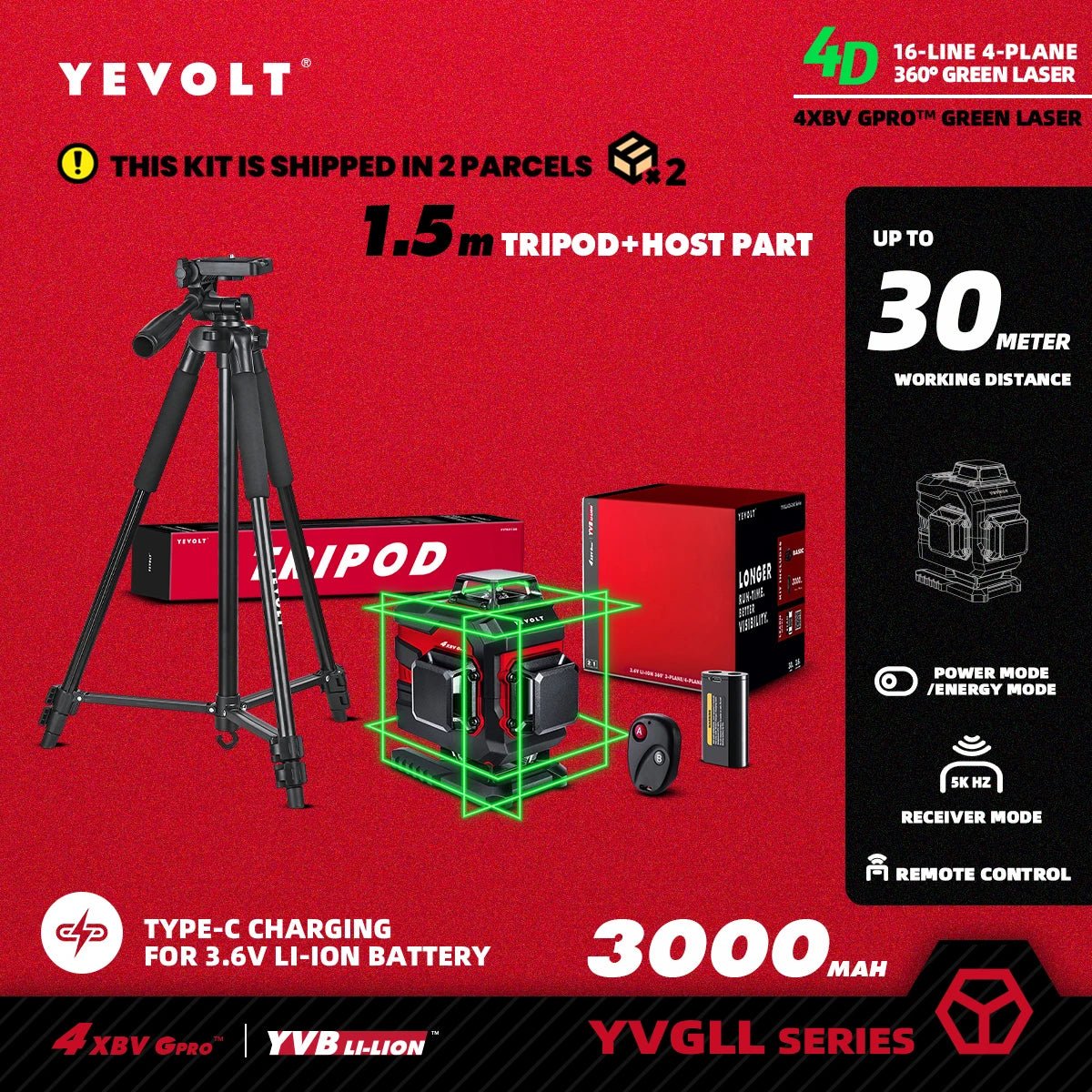🟢🔭 Niveau Laser 3D 360° – YEVOLT YVGLL4XS16 • 4 Plans • 16 Lignes • Auto - Nivelant Pro - GoDiscount