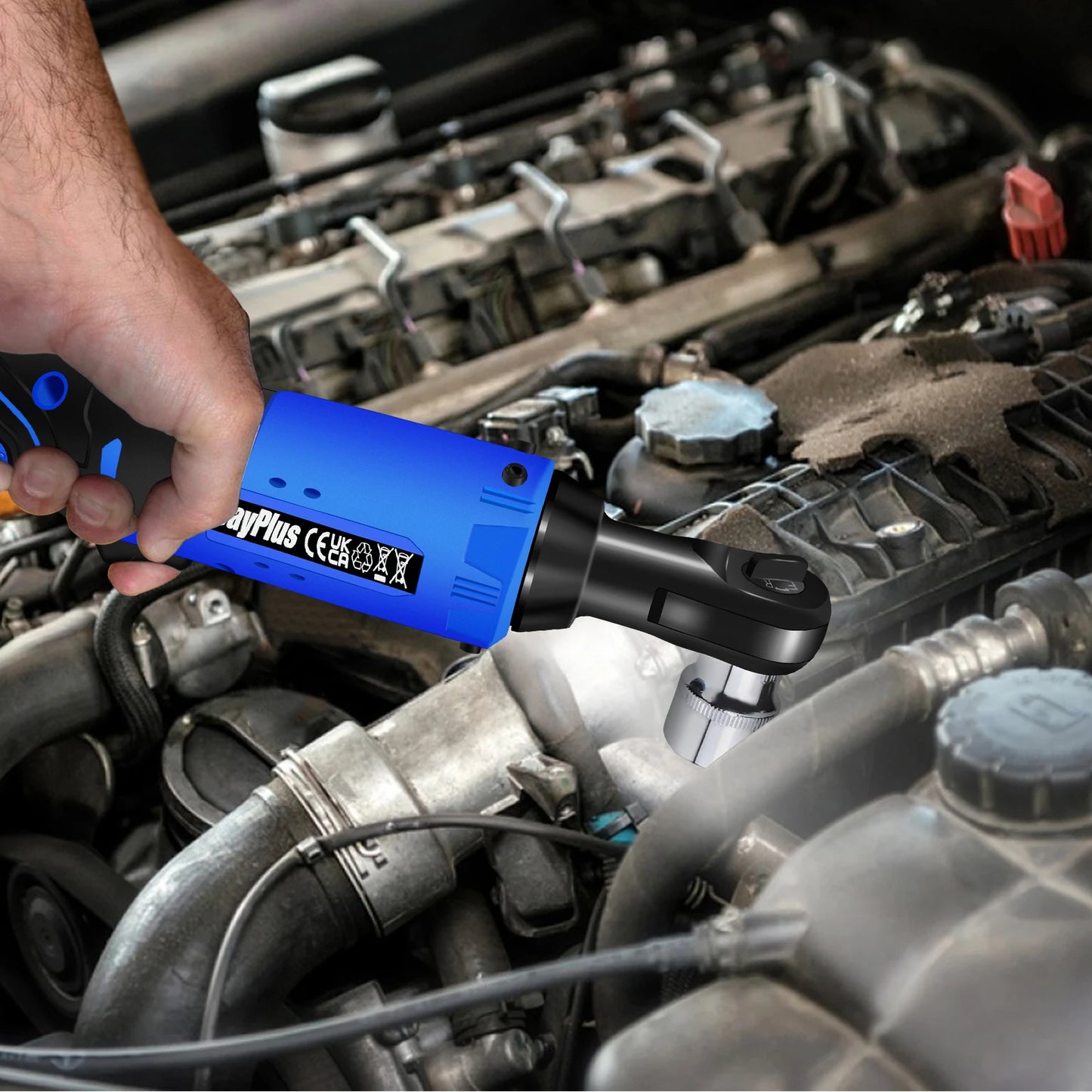 ⚡🔧 Clé à Cliquet Sans Fil 12V – 120Nm | 3/8'' 90° Angle Ratchet avec 2 Batteries & 7 Douilles - GoDiscount