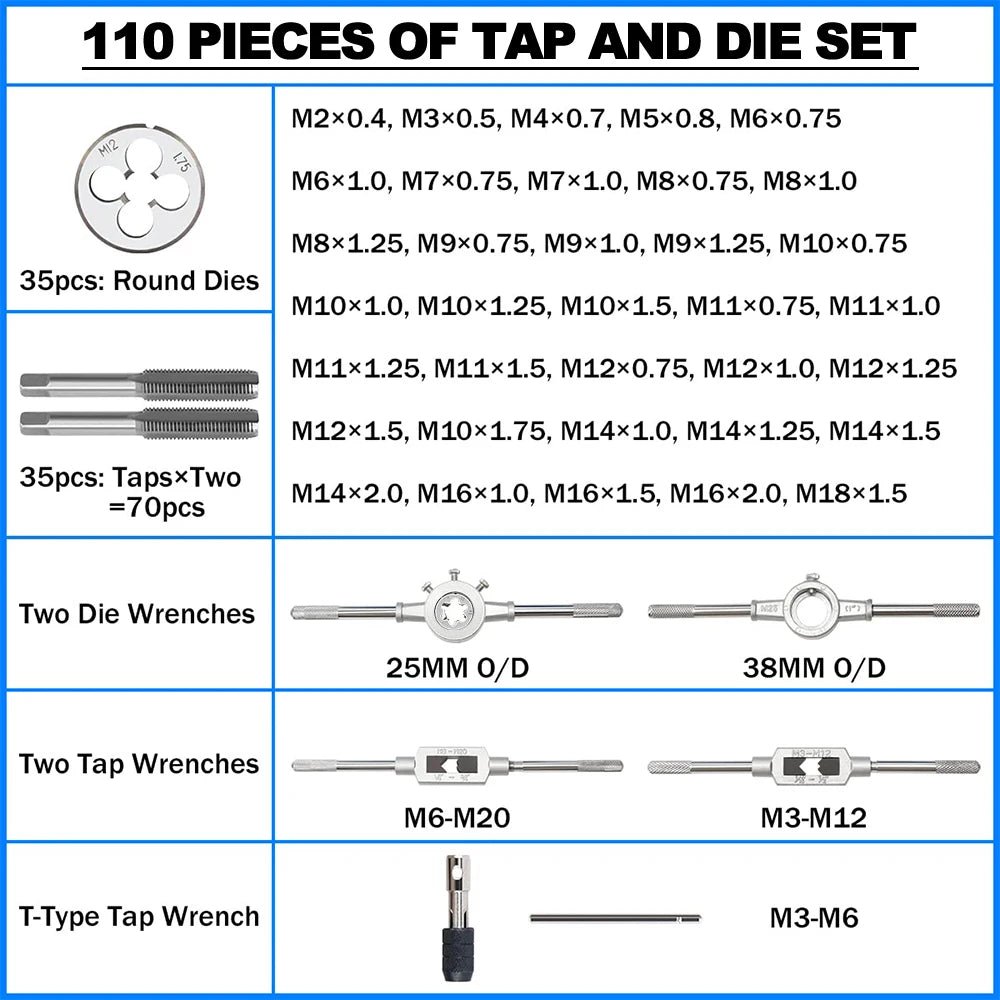 🔧 Podofo 110PCS Kit Taraud & Filière – Acier Trempé Titane | Filetage Métal Pro Metric & Standard - GoDiscount
