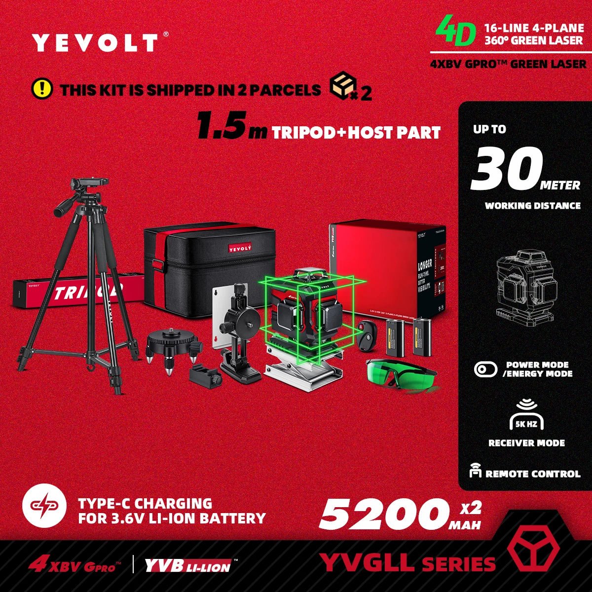 🟢🔭 Niveau Laser 3D 360° – YEVOLT YVGLL4XS16 • 4 Plans • 16 Lignes • Auto - Nivelant Pro - GoDiscount