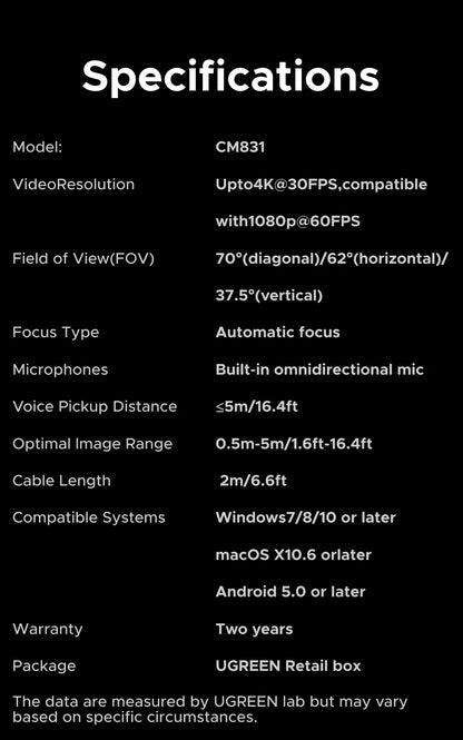 Webcam UGREEN 4K 8MP – Autofocus PDAF, Micro AI Anti-Bruit, Full HD 1080P, Idéale pour Zoom, Teams - GoDiscount