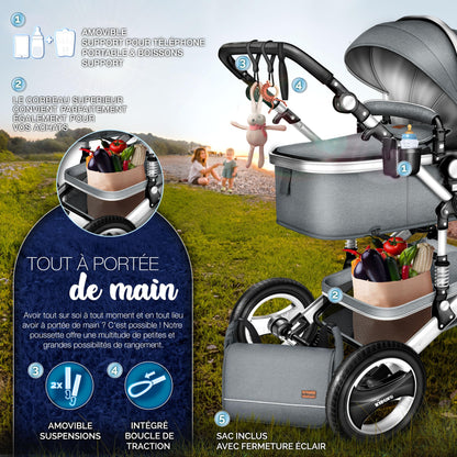 KIDUKU® 3 in 1 complete set XXL, sports seat and car seat, solid rubber tires, diaper bag and accessories, ECE R129 standard