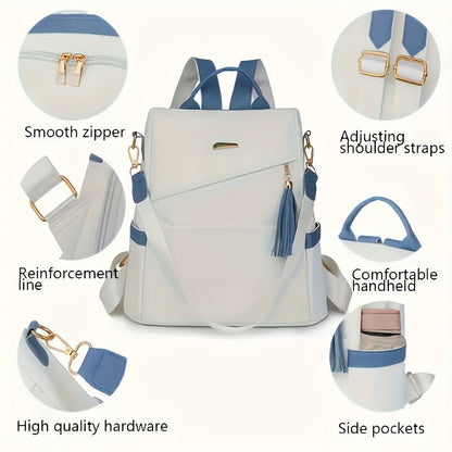 WB JK - Themed Lightweight Anti - Theft Backpack - Large Capacity PU Travel Backpack with Adjustable Straps, Tassel Details & Multiple Compartments, Stylish White Pink Blue Design for Daily Commute, or Casual Use, Backpack for Tr - GoDiscount