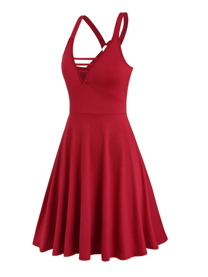 Ruffle Hem Aline Tank Dress, Elegant V - neck Sleeveless Cut Out Swing Dress For Spring & Summer, Women's Clothing - GoDiscount