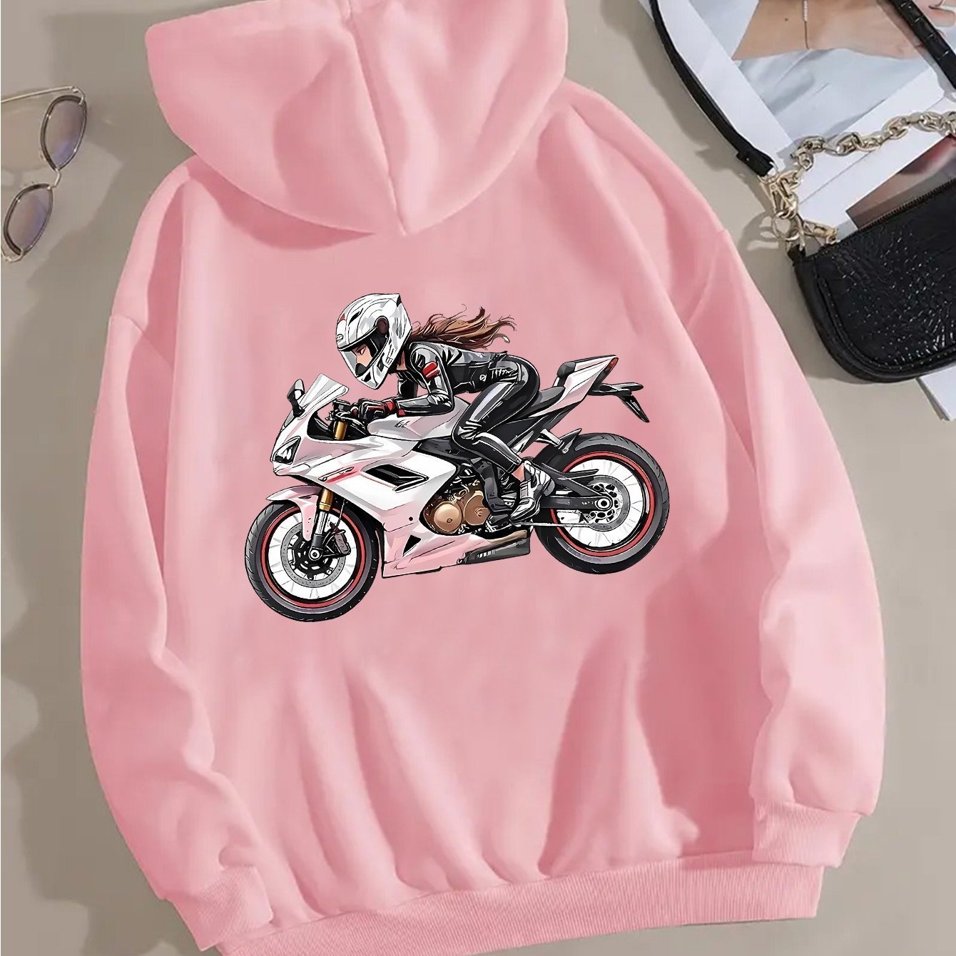 Women'S Motorcycle Graphic Hoodie - Red Casual Sporty Pullover with Back Print, Long Sleeves, and Pockets, Perfect for Casual Attire, Motorcycle Riding Gear - GoDiscount