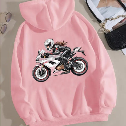 Women'S Motorcycle Graphic Hoodie - Red Casual Sporty Pullover with Back Print, Long Sleeves, and Pockets, Perfect for Casual Attire, Motorcycle Riding Gear - GoDiscount