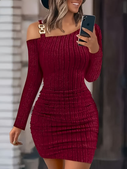 Women's Elegant Off - Shoulder Bodycon Dress - High Elasticity Stretch Fabric, Mid - Length Long Sleeve, Deep Red Solid Color, Machine Washable for Fall/Winter - GoDiscount