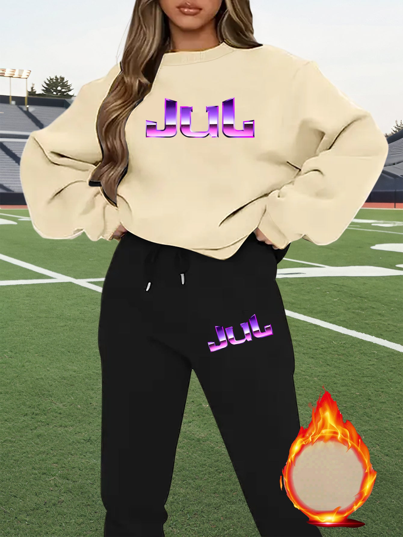 2pcs Women's Y2K - Inspired Oversized Sweatsuit Set - Purple & White Tie - Dye J - Letter Print Joggers & Oversized Sweater, Round Neck Long Sleeve Tracksuit, Machine Washable Polyester/Elastane (All - Season Casual Outfit) - GoDiscount