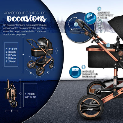 KIDUKU® 3 in 1 complete set XXL, sports seat and car seat, solid rubber tires, diaper bag and accessories, ECE R129 standard