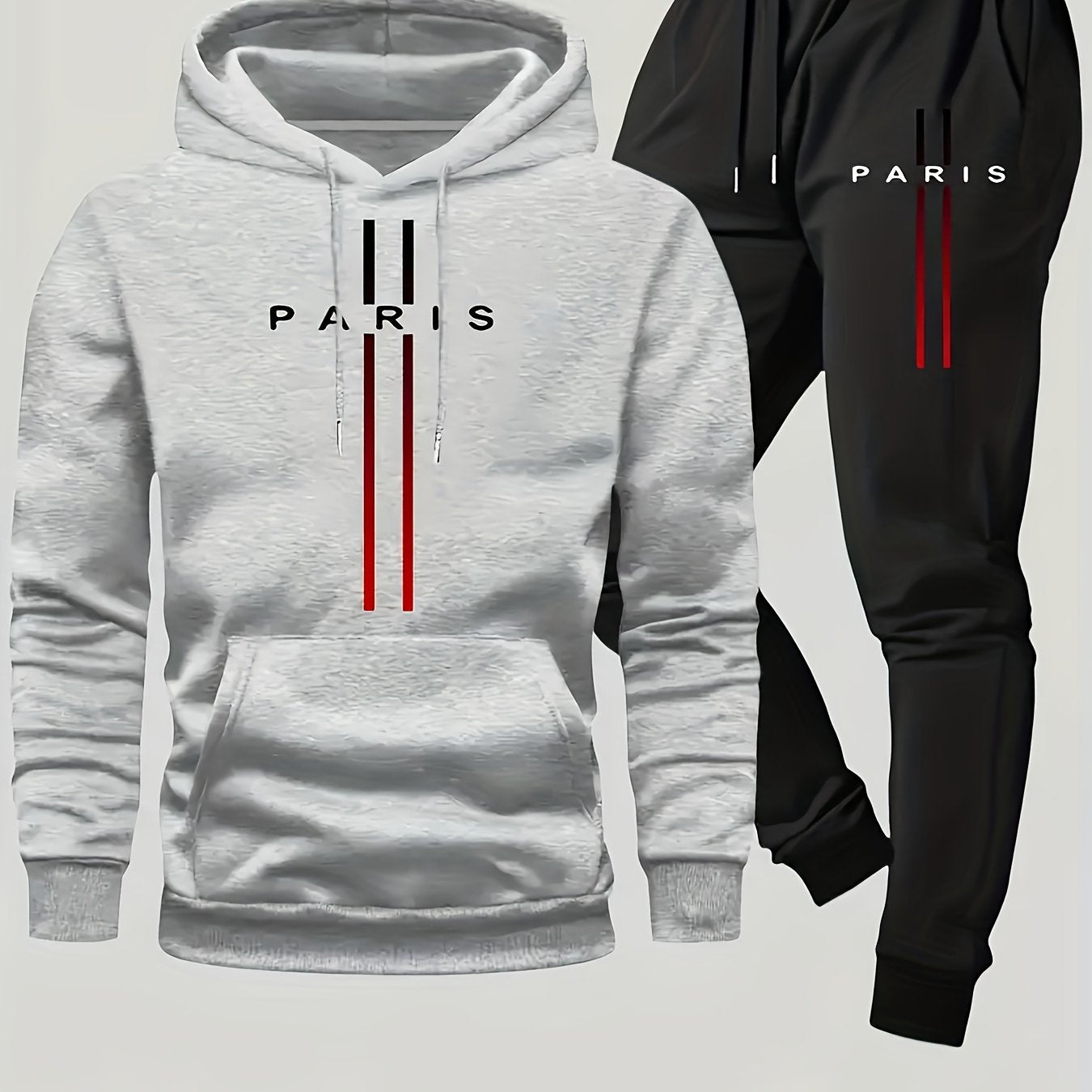 Paris Men'S Casual Fleece - Lined Hoodie and Jogger Set - Stylish Print, Long Sleeve, Kangaroo Pocket, Suitable for Autumn and Winter, Outdoor Sports Warmth, Daily Wear Home Outfit, Perfect For Outdoor - GoDiscount