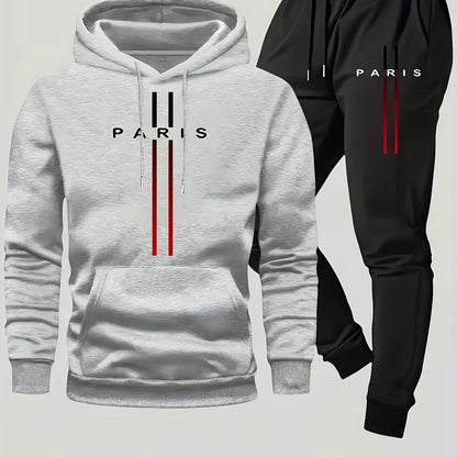 Paris Men'S Casual Fleece - Lined Hoodie and Jogger Set - Stylish Print, Long Sleeve, Kangaroo Pocket, Suitable for Autumn and Winter, Outdoor Sports Warmth, Daily Wear Home Outfit, Perfect For Outdoor - GoDiscount