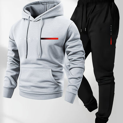 2pcs Men'S Casual Cartoon Paris Letter Drawstring Hoodie and Sports Trousers Set | Hooded, Loose Fit, Slight Stretch Fabric, Patterned for Fall/Winter - GoDiscount