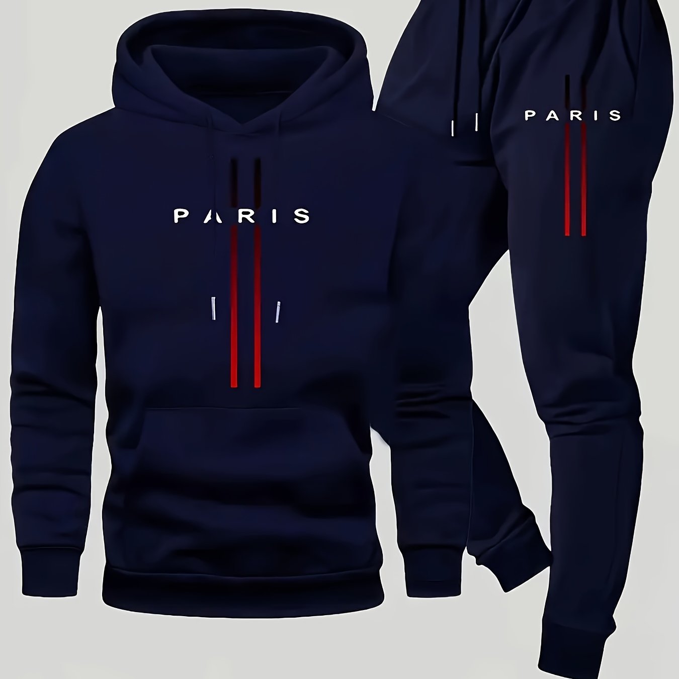 Paris Men'S Casual Fleece - Lined Hoodie and Jogger Set - Stylish Print, Long Sleeve, Kangaroo Pocket, Suitable for Autumn and Winter, Outdoor Sports Warmth, Daily Wear Home Outfit, Perfect For Outdoor - GoDiscount