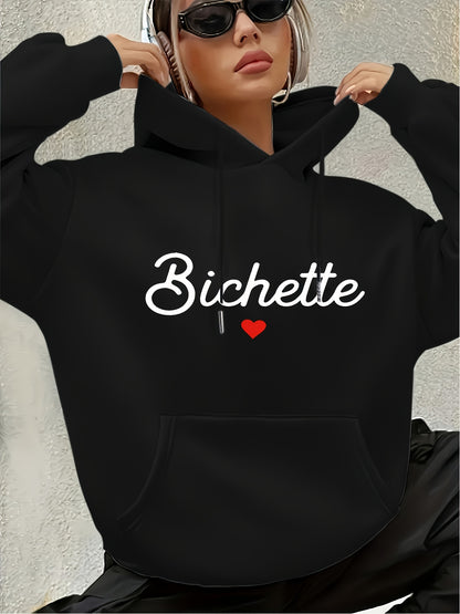Women'S Casual Long Sleeve Hoodie with "Bichette" Heart Design - Cozy Fall & Winter Pullover, Black with White Lettering, Drawstring Hood, Comfortable Casual Attire, Casual Wear Hoodie | Relaxed Fit Hoodie | Drawstring Hoodie - GoDiscount
