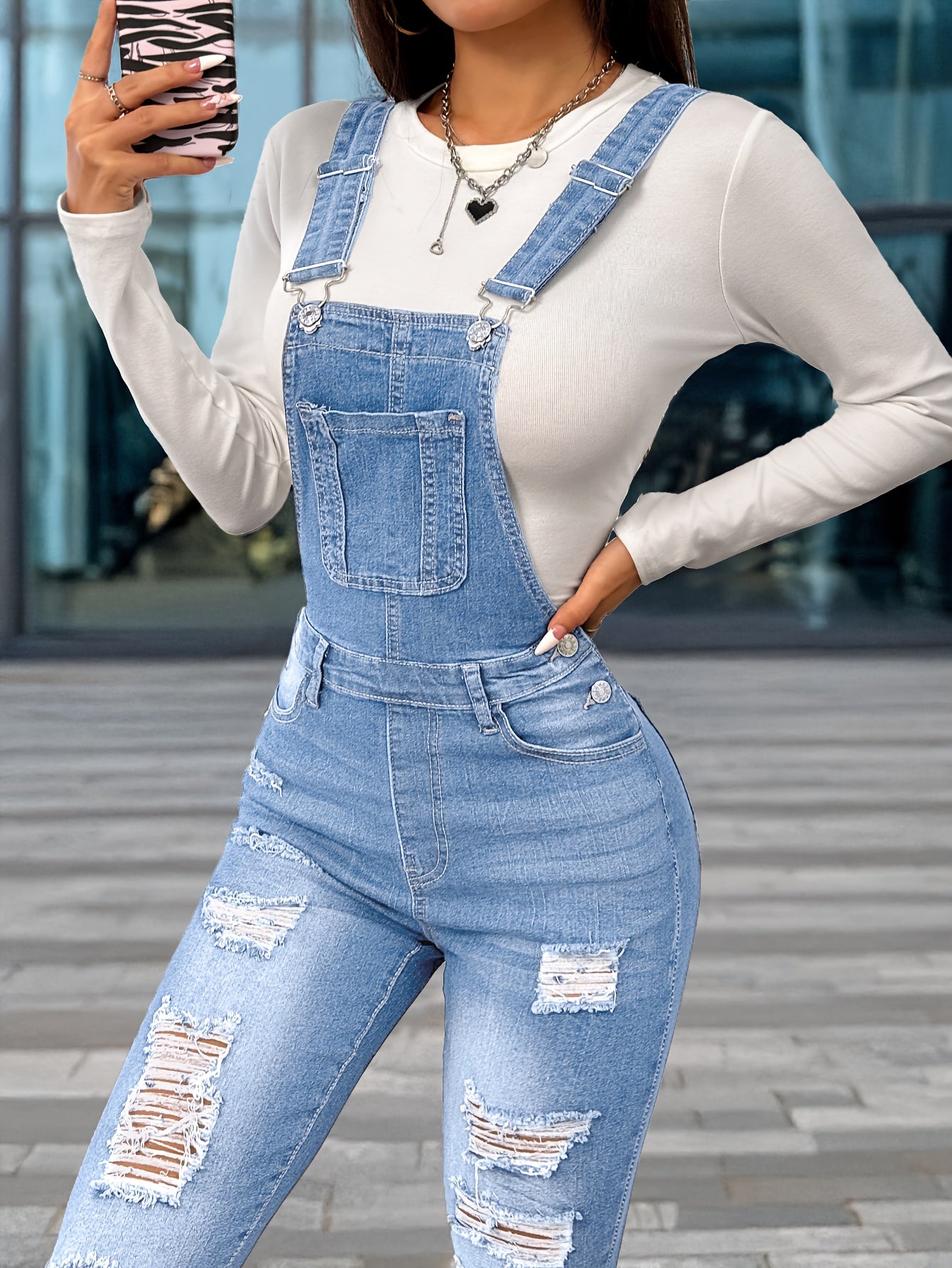 Women'S Casual Denim Overalls & Long Sleeve Top - Stretch Washed Blue with Distressed Details, Adjustable Straps, and Pockets, Perfect for Spring/Summer/Fall, Spring Summer Fashion | Distressed Denim Look | Medium Stretch Fab - GoDiscount