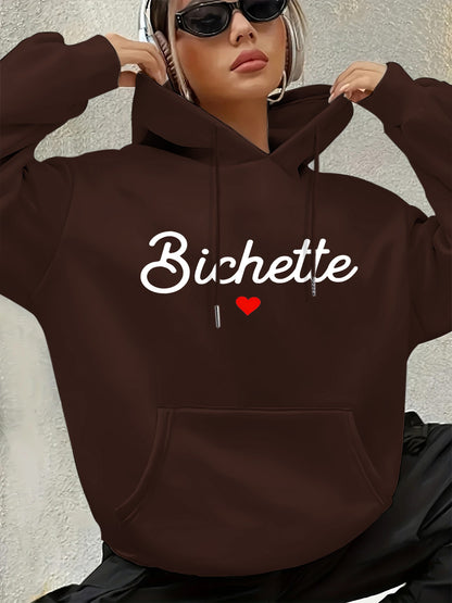 Women'S Chic Brown Hoodie with "Bichette" Print and Red Heart Design - Cozy Long Sleeve Pullover with Kangaroo Pocket, Perfect for Casual Fall/Winter Wear, Casual Wear Hoodie | Chic Casual Style | Polyester Hoodie - GoDiscount