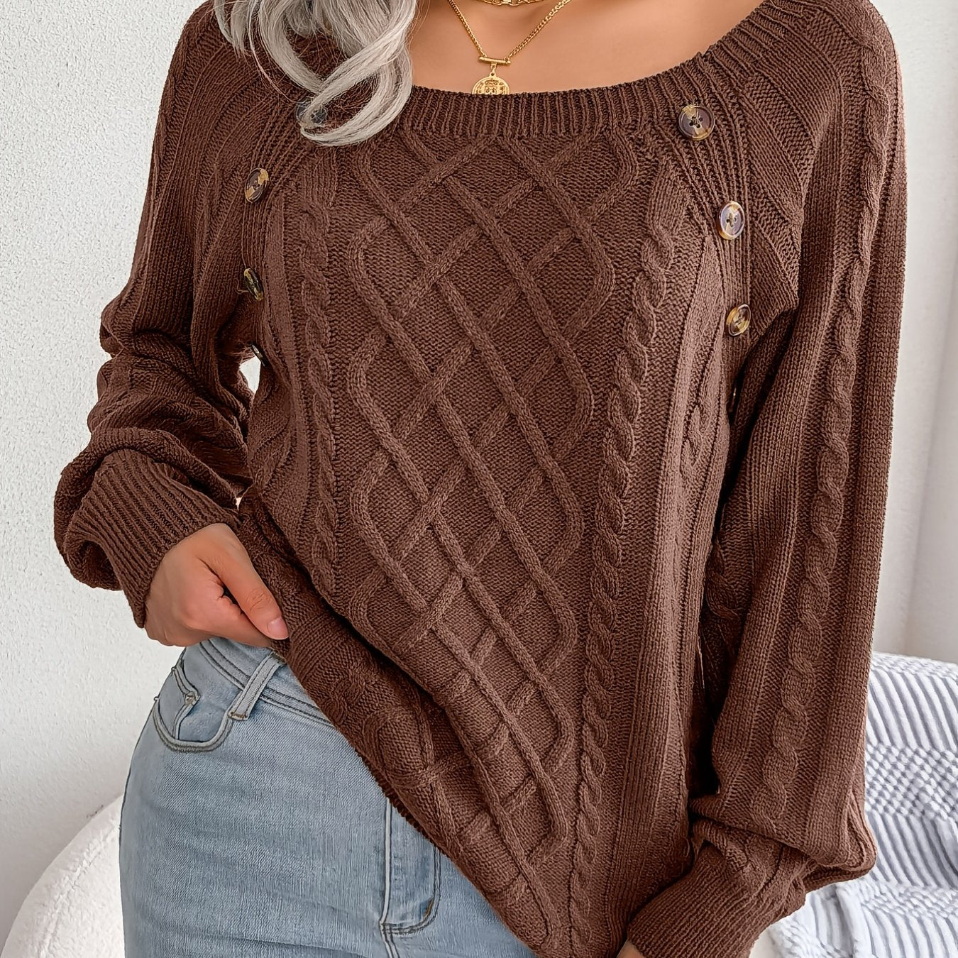 Women's Sweater Round Neck Texture Button Lantern Sleeve Sweater