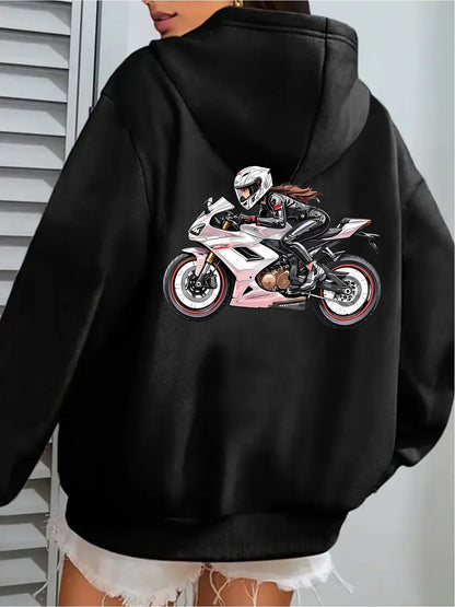 Women'S Motorcycle Graphic Hoodie - Red Casual Sporty Pullover with Back Print, Long Sleeves, and Pockets, Perfect for Casual Attire, Motorcycle Riding Gear - GoDiscount