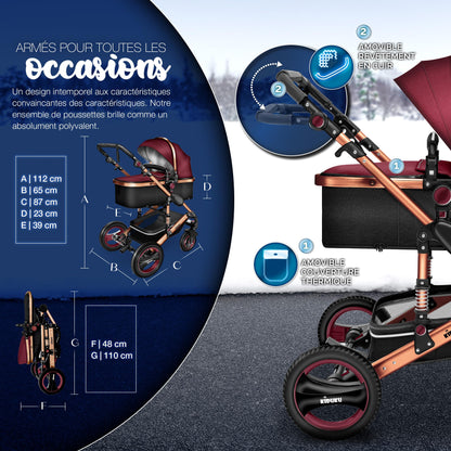 KIDUKU® 3 in 1 complete set XXL, sports seat and car seat, solid rubber tires, diaper bag and accessories, ECE R129 standard