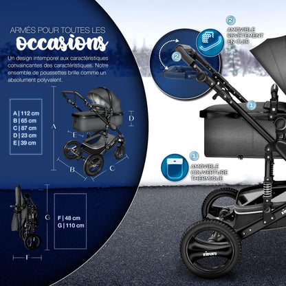 KIDUKU® 3 in 1 complete set XXL, sports seat and car seat, solid rubber tires, diaper bag and accessories, ECE R129 standard