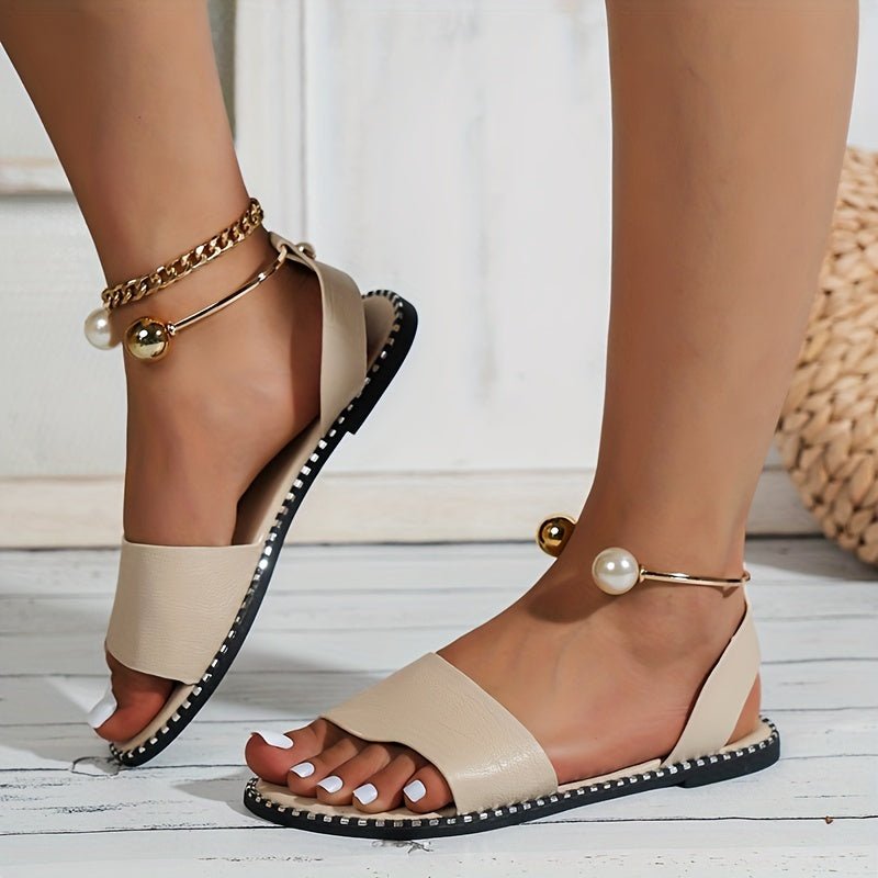 Women's Flat Sandals, Solid Color Beaded Beach Shoes, Slingback Slides for Koningsdag/King's Day - GoDiscount