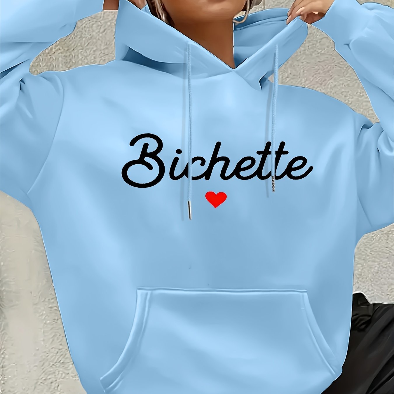 Women'S Chic Brown Hoodie with "Bichette" Print and Red Heart Design - Cozy Long Sleeve Pullover with Kangaroo Pocket, Perfect for Casual Fall/Winter Wear, Casual Wear Hoodie | Chic Casual Style | Polyester Hoodie - GoDiscount