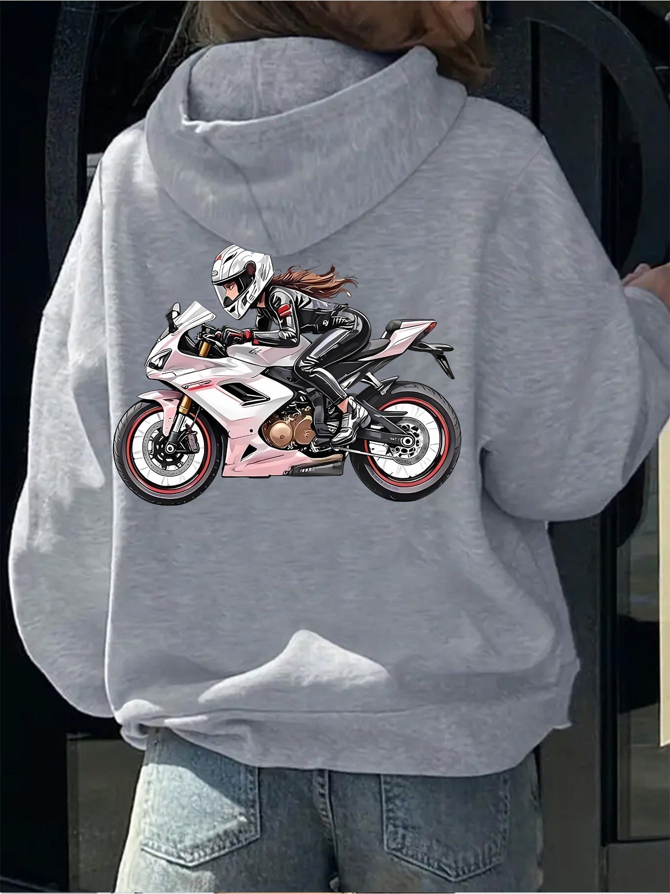 Women'S Motorcycle Graphic Hoodie - Red Casual Sporty Pullover with Back Print, Long Sleeves, and Pockets, Perfect for Casual Attire, Motorcycle Riding Gear - GoDiscount