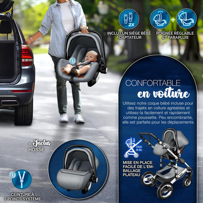 KIDUKU® 3 in 1 complete set XXL, sports seat and car seat, solid rubber tires, diaper bag and accessories, ECE R129 standard