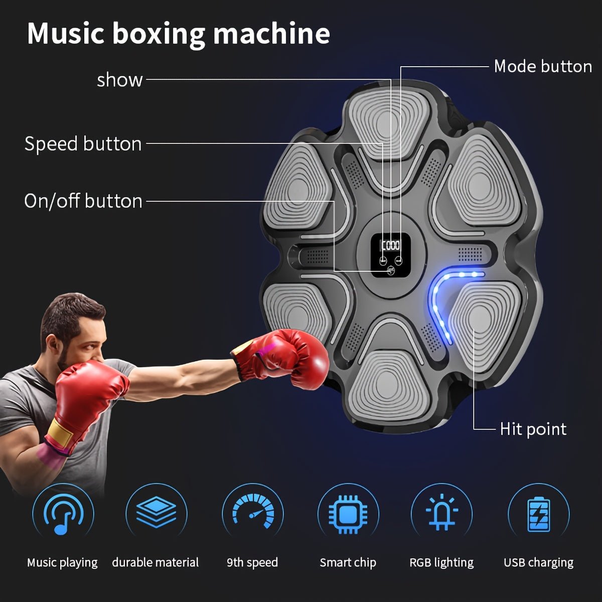 Music Boxing Machine with Boxing Gloves, Boxing Machine Wall Mounted Music, Smart Boxing Equipment, Boxing Music Workout Machine, 9 Modes Speeds - GoDiscount