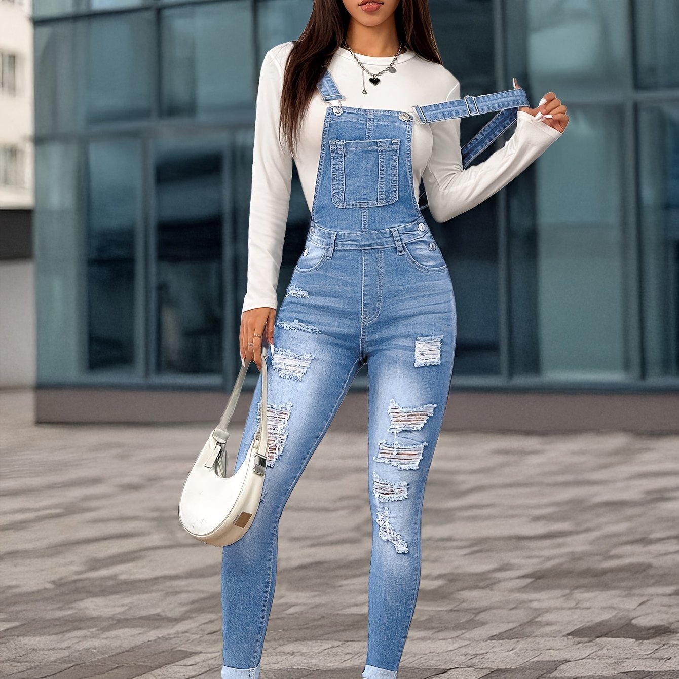 Women'S Casual Denim Overalls & Long Sleeve Top - Stretch Washed Blue with Distressed Details, Adjustable Straps, and Pockets, Perfect for Spring/Summer/Fall, Spring Summer Fashion | Distressed Denim Look | Medium Stretch Fab - GoDiscount