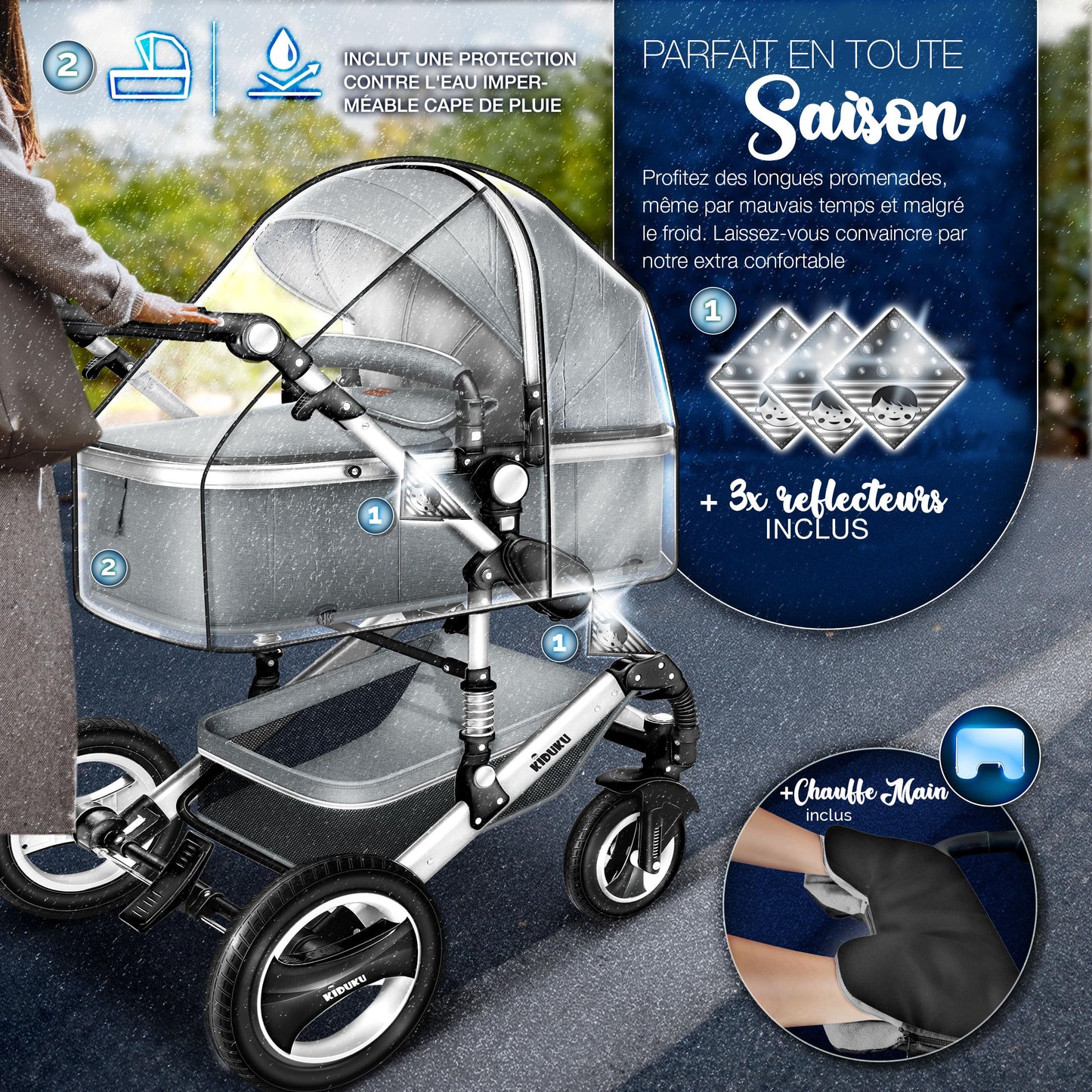 KIDUKU® 3 in 1 complete set XXL, sports seat and car seat, solid rubber tires, diaper bag and accessories, ECE R129 standard