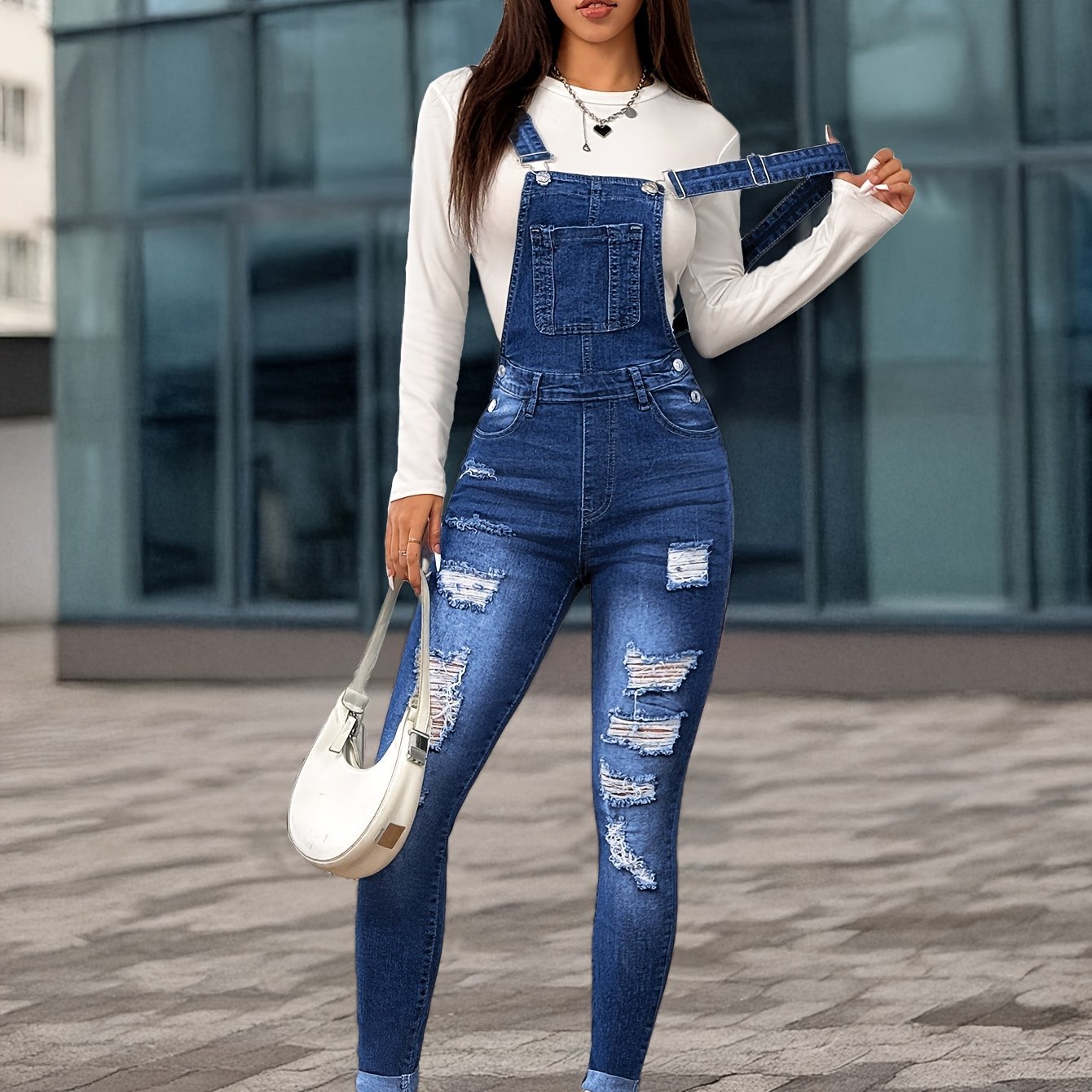 Women'S Casual Denim Overalls & Long Sleeve Top - Stretch Washed Blue with Distressed Details, Adjustable Straps, and Pockets, Perfect for Spring/Summer/Fall, Spring Summer Fashion | Distressed Denim Look | Medium Stretch Fab - GoDiscount