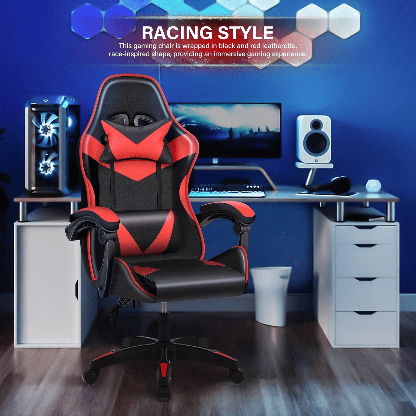 Ergonomic Gaming Chair with Footrest - Heavy - Duty Height - Adjustable Recliner, 360° Swivel & Lumbar Support, Manual Recline Mechanism, Faux - like Texture, Foam Padding & Stainless Steel Frame - PC/Office - GoDiscount