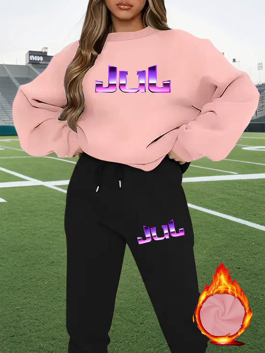 2pcs Women's Y2K - Inspired Oversized Sweatsuit Set - Purple & White Tie - Dye J - Letter Print Joggers & Oversized Sweater, Round Neck Long Sleeve Tracksuit, Machine Washable Polyester/Elastane (All - Season Casual Outfit) - GoDiscount