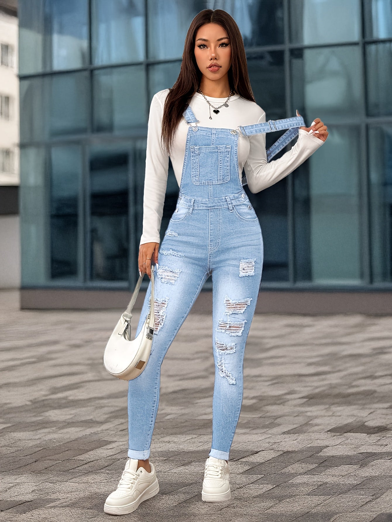 Women'S Casual Denim Overalls & Long Sleeve Top - Stretch Washed Blue with Distressed Details, Adjustable Straps, and Pockets, Perfect for Spring/Summer/Fall, Spring Summer Fashion | Distressed Denim Look | Medium Stretch Fab - GoDiscount