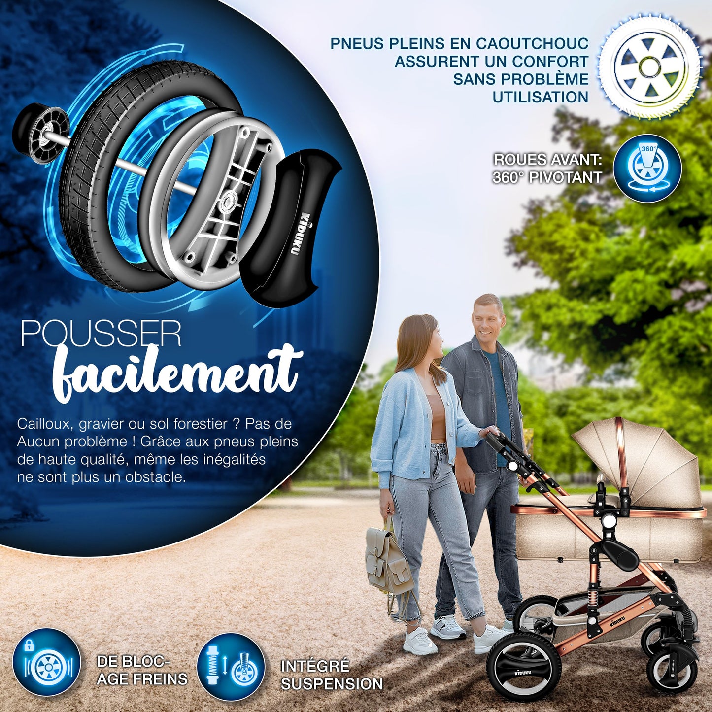 KIDUKU® 3 in 1 complete set XXL, sports seat and car seat, solid rubber tires, diaper bag and accessories, ECE R129 standard