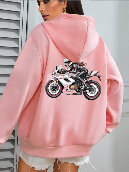 Women'S Motorcycle Graphic Hoodie - Red Casual Sporty Pullover with Back Print, Long Sleeves, and Pockets, Perfect for Casual Attire, Motorcycle Riding Gear - GoDiscount