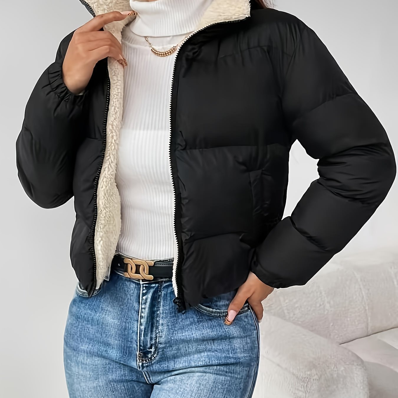 Women's Winter Warm Padded Jacket - Elegant Short Coat with Padding, Thickened Cold - Resistant Outer, Hand Washable Short Length for Dresses/Skirts (Solid Color Casual & Special Occasion Outerwear) - GoDiscount