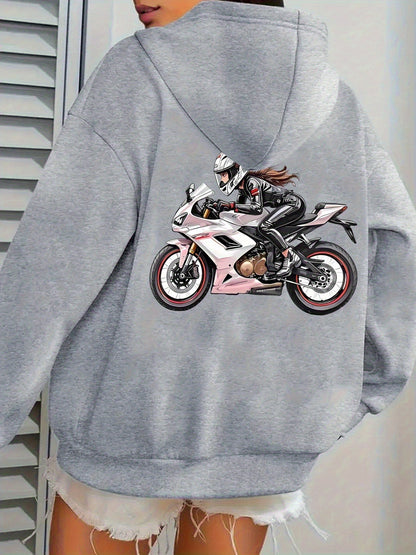 Women'S Motorcycle Graphic Hoodie - Red Casual Sporty Pullover with Back Print, Long Sleeves, and Pockets, Perfect for Casual Attire, Motorcycle Riding Gear - GoDiscount