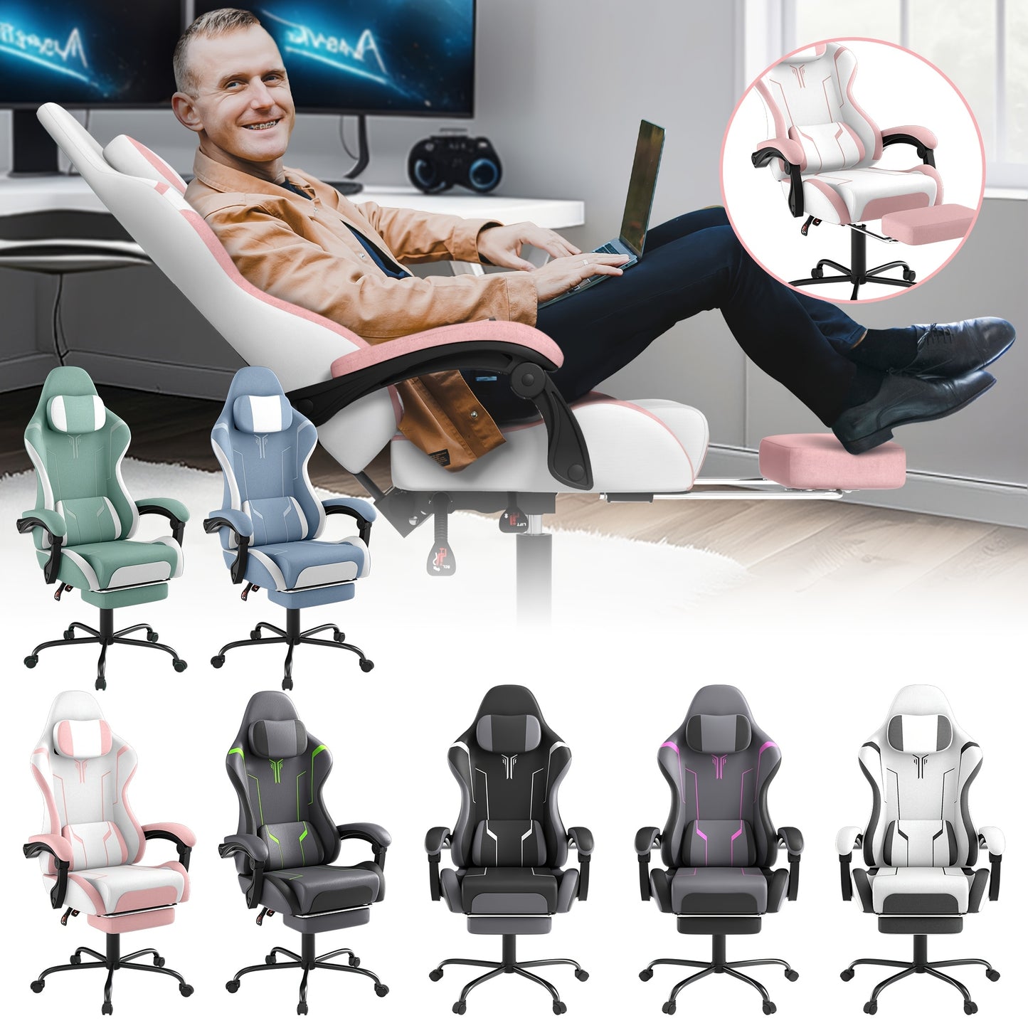 Ergonomic Gaming Chair with Massage Function, Height Adjustable Lumbar & Headrest, 360° Swivel Tilt Back (90° - 155°), Footrest - Heavy - Duty PU Office Computer Chair for, for all - Day - GoDiscount