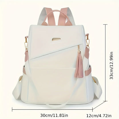 WB JK - Themed Lightweight Anti - Theft Backpack - Large Capacity PU Travel Backpack with Adjustable Straps, Tassel Details & Multiple Compartments, Stylish White Pink Blue Design for Daily Commute, or Casual Use, Backpack for Tr - GoDiscount