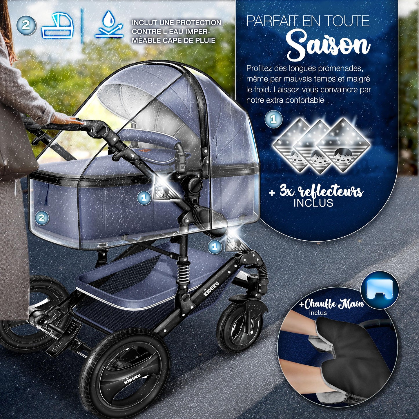 KIDUKU® 3 in 1 complete set XXL, sports seat and car seat, solid rubber tires, diaper bag and accessories, ECE R129 standard