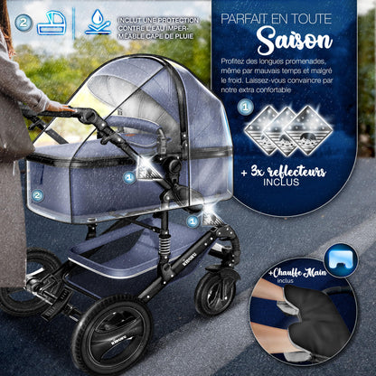KIDUKU® 3 in 1 complete set XXL, sports seat and car seat, solid rubber tires, diaper bag and accessories, ECE R129 standard