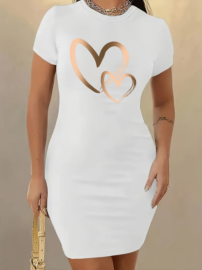 Women's Sporty Geometric Heart Print Dress - Stretchy Round Neck Short Sleeve, Machine Washable All - Season Casual & Athletic Wear, Easy Maintenance Clothing, Comfortable Fit - GoDiscount