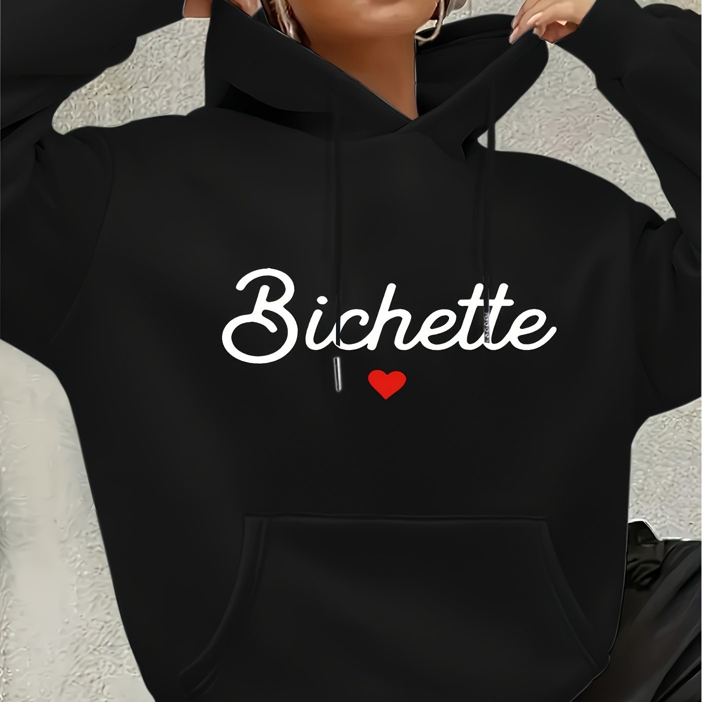 Women'S Casual Long Sleeve Hoodie with "Bichette" Heart Design - Cozy Fall & Winter Pullover, Black with White Lettering, Drawstring Hood, Comfortable Casual Attire, Casual Wear Hoodie | Relaxed Fit Hoodie | Drawstring Hoodie - GoDiscount