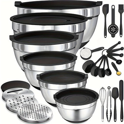 18pcs Stainless Steel Mixing Bowl Set with Sealing Lids, Grater Attachment, And Non - Slip Bottom for Mixing And Serving - GoDiscount