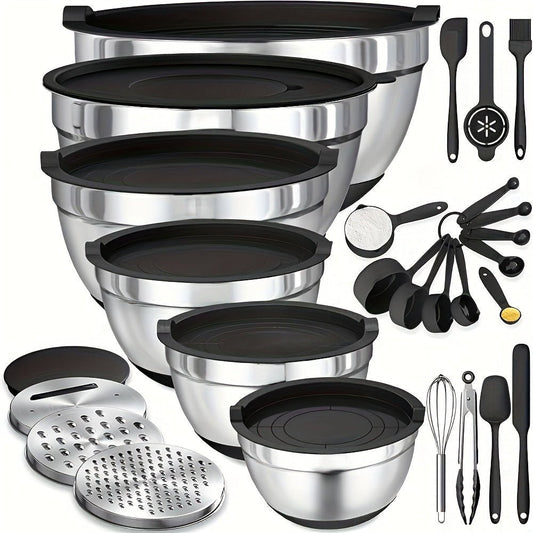 18pcs Stainless Steel Mixing Bowl Set with Sealing Lids, Grater Attachment, And Non - Slip Bottom for Mixing And Serving - GoDiscount