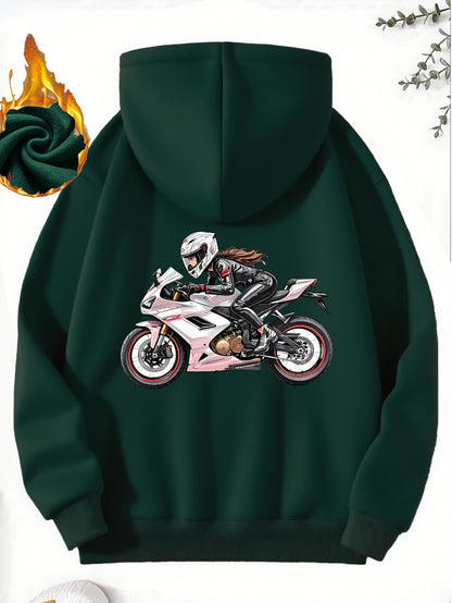 Women'S Motorcycle Graphic Hoodie - Red Casual Sporty Pullover with Back Print, Long Sleeves, and Pockets, Perfect for Casual Attire, Motorcycle Riding Gear - GoDiscount