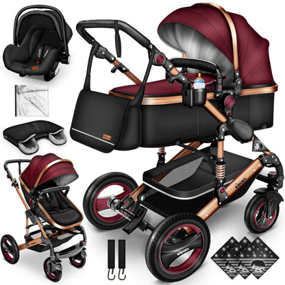 KIDUKU® 3 in 1 complete set XXL, sports seat and car seat, solid rubber tires, diaper bag and accessories, ECE R129 standard