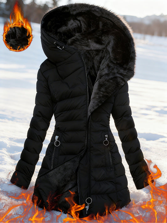 Women's Hooded Jacket - Winter Warmth Full - Zip Long Coat with Hood & - Like Collar, Mid - Length Windproof Outerwear for Skiing, Commuting, Casual Outfits - Machine Washable (Black) - GoDiscount